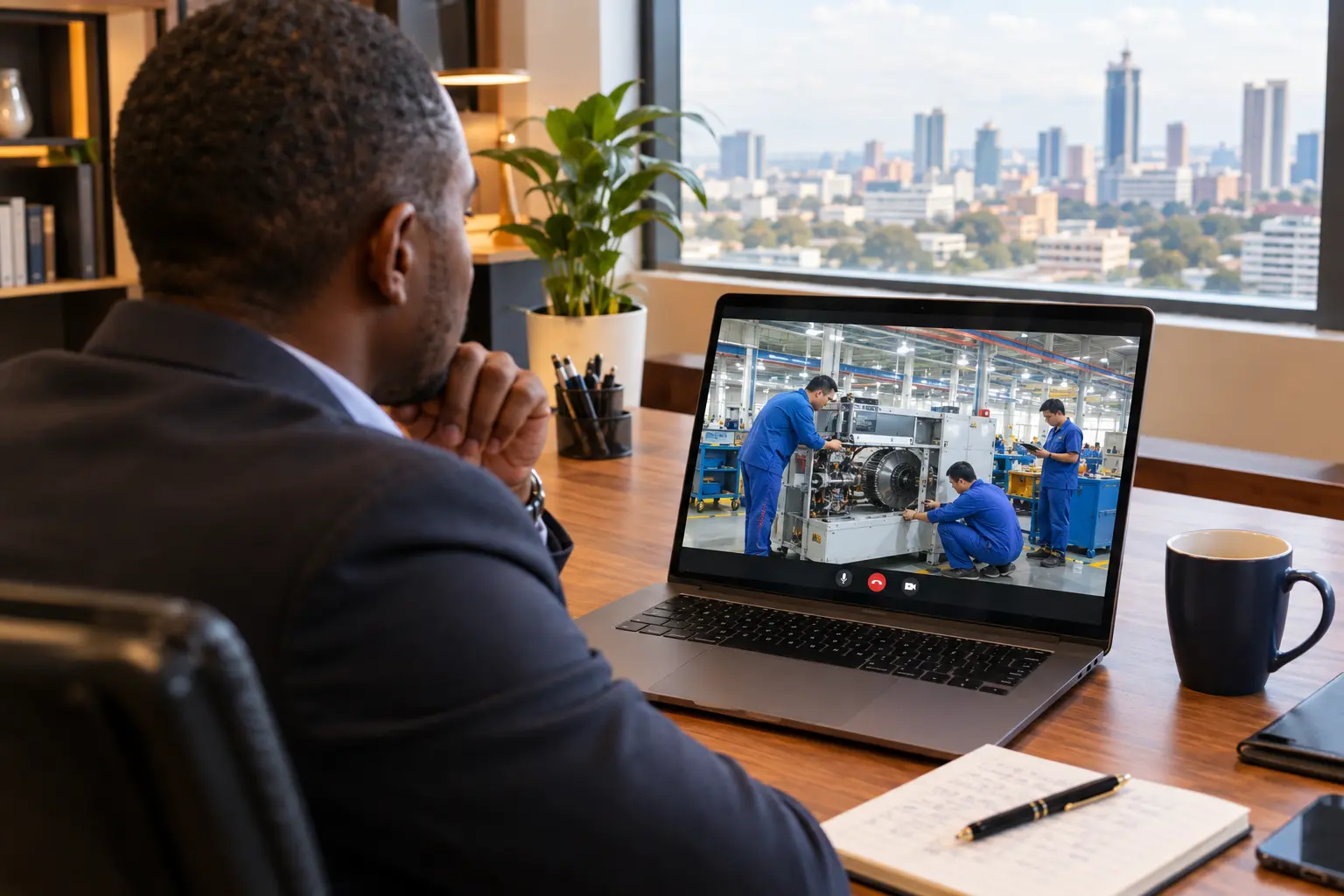 Buyer on a video call checking a machine on a factory floor before ordering from China to Kenya