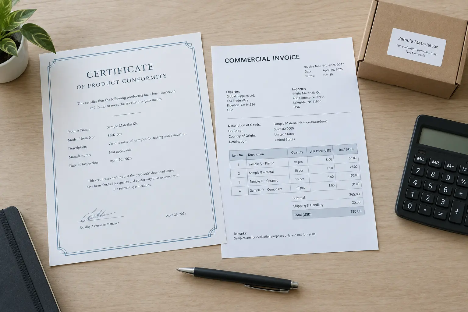 Alibaba Kenya order paperwork with a certificate of conformity and commercial invoice on a desk