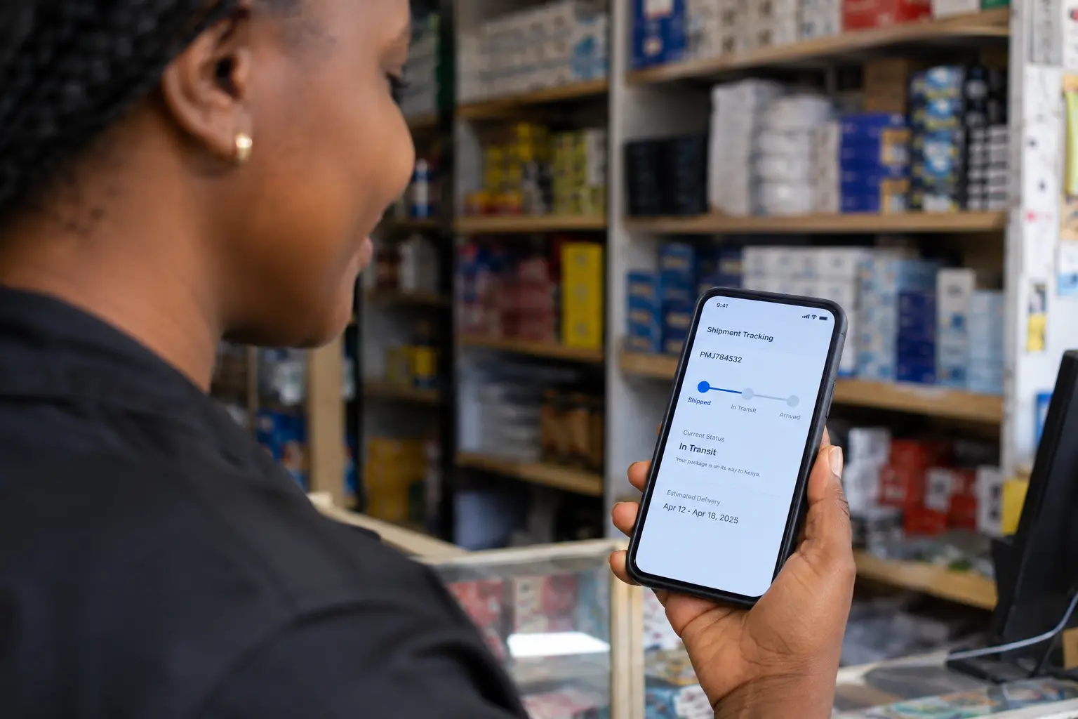 Kenyan importer tracking an Alibaba order shipment to Kenya on a phone